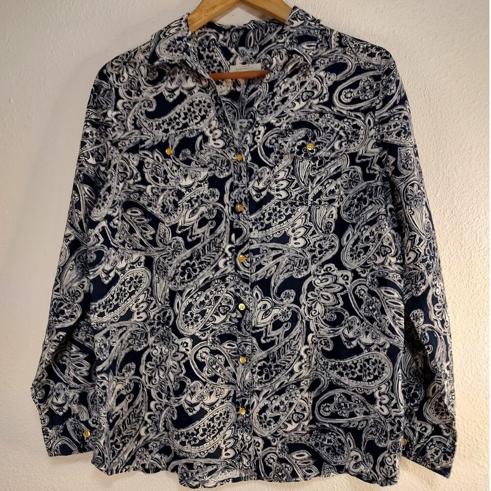 Charter Club 100% Linen Blue White Paisley Roll Tab Sleeves Button Up Top PL